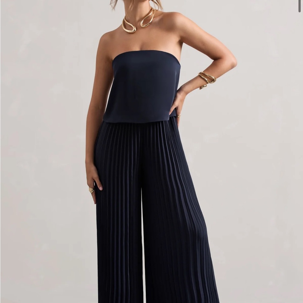 Club L London Navy Strapless Wide Leg Jumpsuit